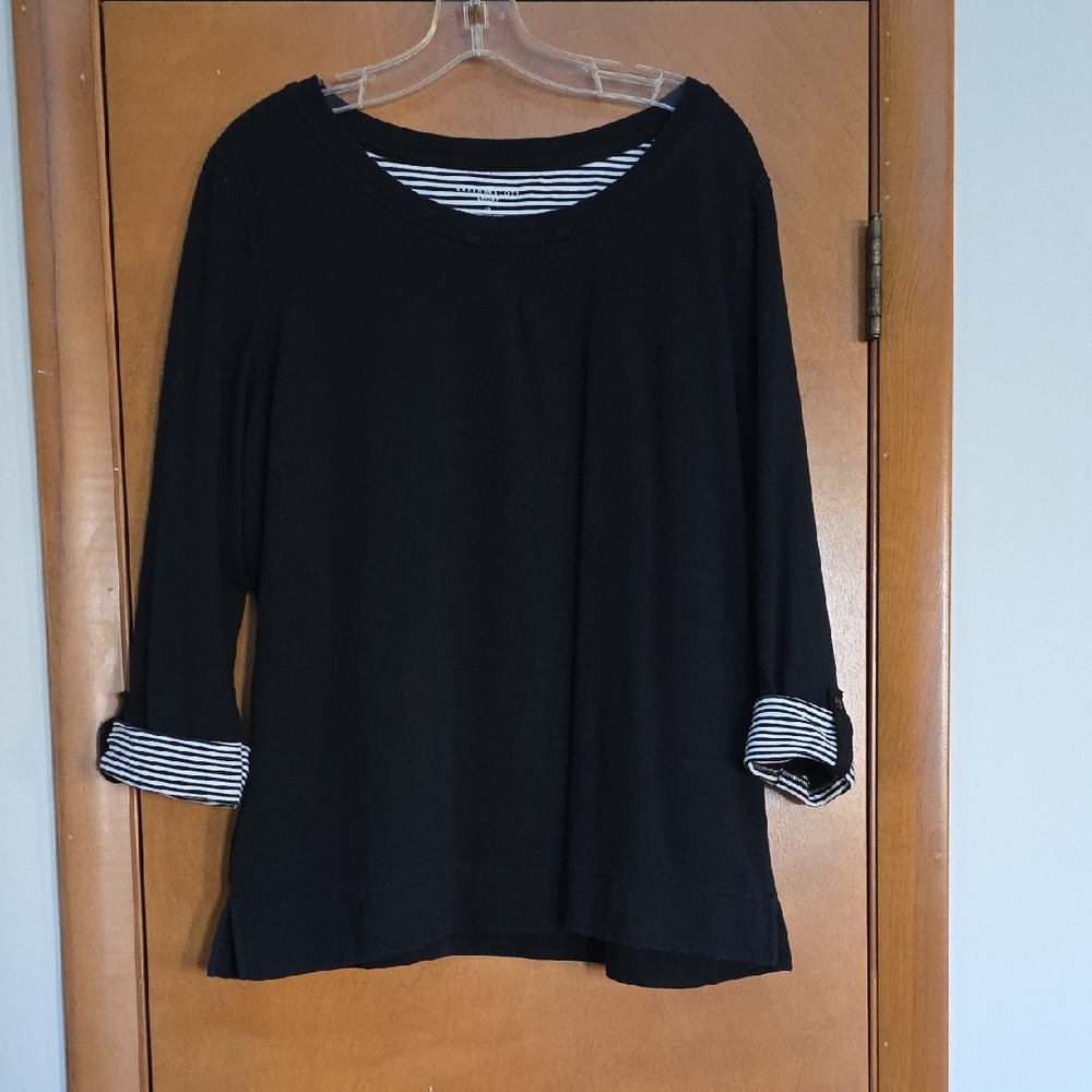 Karen Scott Black Top with Striped Cuffs